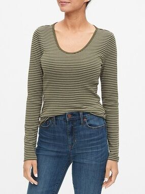 Gap Striped Olive Green Scoop Neck Long Sleeve Top Women Medium